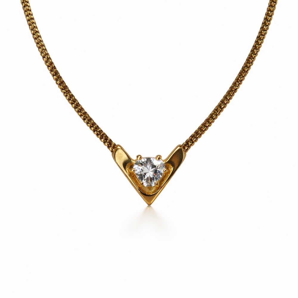 Gold Tone Chevron Trillion Cut Crystal Pendant Necklace 16 Inch Curb Chain